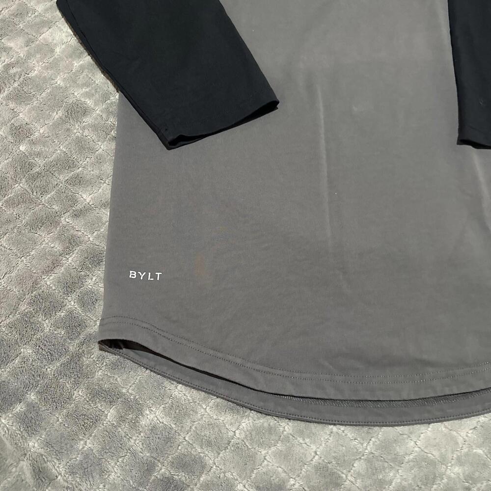 BYLT Shirt Men Medium M Black Gray Drop Cut Lux Baseball 3/4 Sleeve Performance - Picture 2 of 6